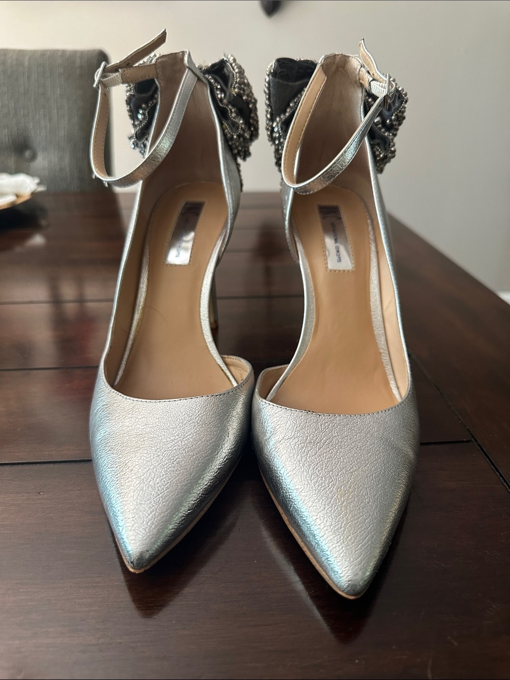 INC International Concepts Rhinestone Bow Silver 4” Heels